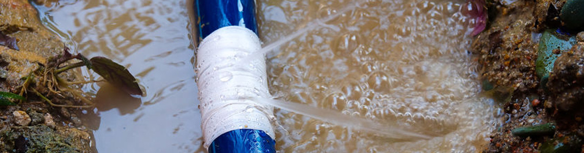 Blue pipe with white tape leaking water at multiple points into a muddy puddle surrounded by soil and leaves.